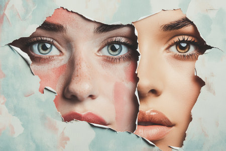 Two female models posing behind torn paper in beauty and fashion photoshootの素材