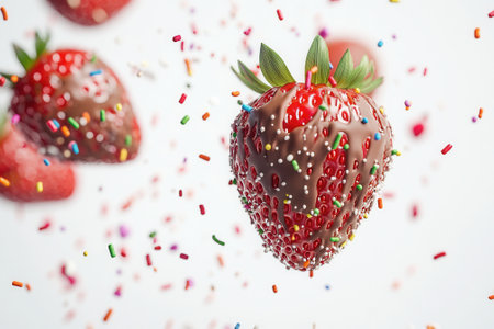 Delicious strawberry covered in chocolate and sprinkles falling on white backgroundの素材