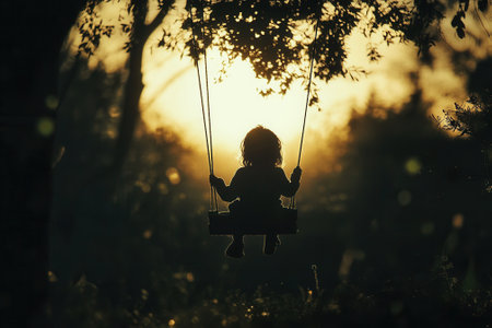 Child swinging on a tree swing at sunset, enjoying the golden hourの素材