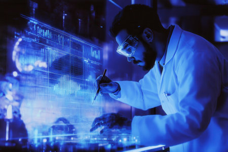 Scientist working with futuristic transparent display and digital data analysisの素材