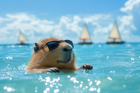Capybara wearing sunglasses swimming in tropical sea with sailboatsの素材