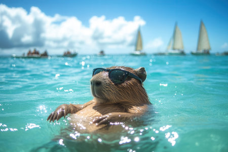 Capybara wearing sunglasses relaxing in tropical ocean waterの素材