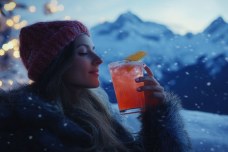 Tourist enjoying a cocktail in a snowy mountain landscape at sunset during winter holidaysの素材