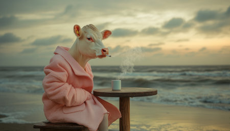 Cow smoking cigarette and drinking coffee on the beach at sunsetの素材