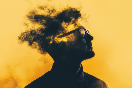 Creative man experiencing brain fog with dark smoke from headの素材