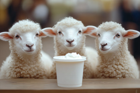 Three lambs looking at whipped cream in a cupの素材