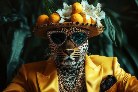 Leopard wearing extravagant hat and gold chains posing in jungle settingの素材