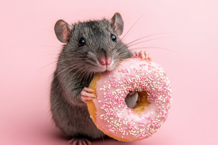 Cute rat eating pink donut with sprinkles on pink backgroundの素材