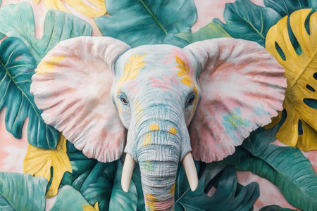 Colorful elephant head emerging from tropical foliage muralの素材