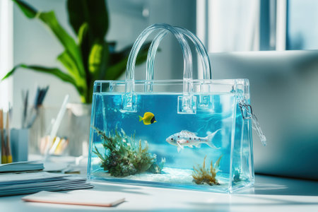 Transparent handbag aquarium with tropical fish swimming on office deskの素材