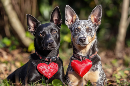 Two australian kelpies wearing red hearts for valentines dayの素材