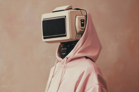 Robot wearing pink hoodie with monitor head, digital paintingの素材