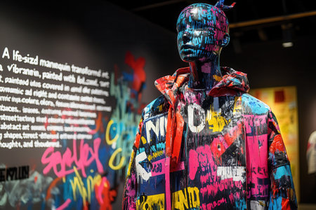 Mannequin wearing colorful street art inspired jacket in art exhibitionの素材