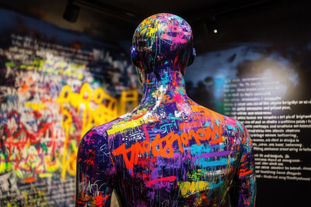 Mannequin covered in colorful graffiti art in a museumの素材