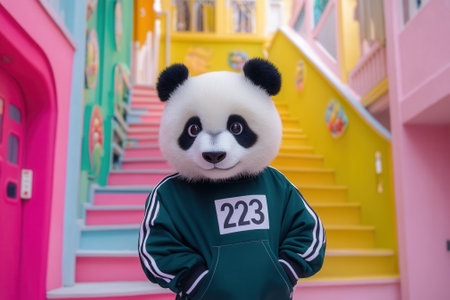 Panda mascot wearing green sportswear posing in colorful environmentの素材
