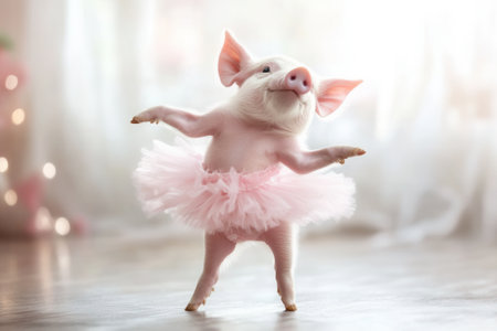 Cute piglet wearing tutu dancing ballet in soft lightの素材