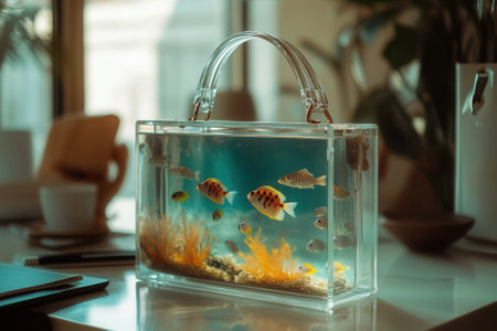 Transparent acrylic handbag aquarium with exotic fish swimming peacefully on an office deskの素材