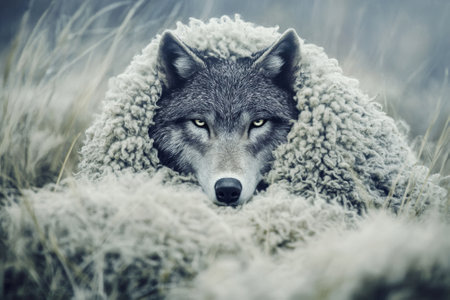 Wolf hiding under sheepskin, showing deception and camouflageの素材