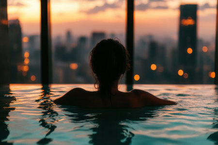 Woman relaxing in rooftop infinity pool at sunset over cityscapeの素材