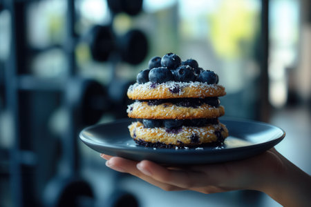 Hand holding plate of blueberry pancakes with coconut flakes in a gym settingの素材