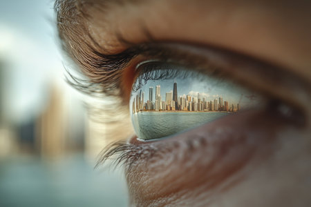 Eye reflecting chicago skyline, vision of urban success and architectural wondersの素材