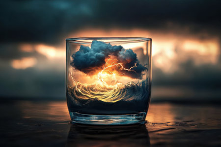 Storm trapped in glass with lightning striking ocean waves at sunsetの素材