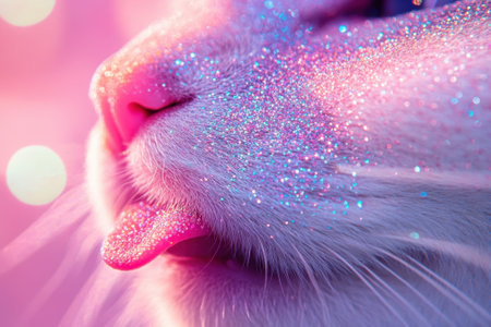 White cat licking its nose covered in glitter on pink backgroundの素材