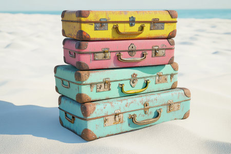 Four vintage suitcases resting on a tropical beachの素材