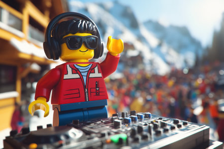 Lego dj wearing headphones and sunglasses is mixing music at a ski resortの素材