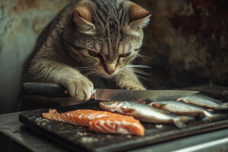 Cat cutting fish with knife on kitchen tableの素材