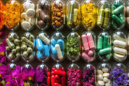 Colorful herbal supplements and pills displayed in glass containersの素材