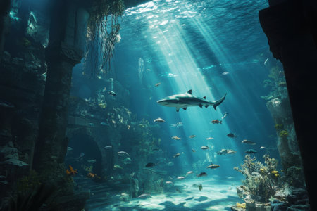 Shark swimming in aquarium tunnel with sunbeams illuminating underwater sceneの素材