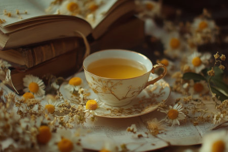 Warm chamomile tea brewing near stacked vintage books and dried flowersの素材