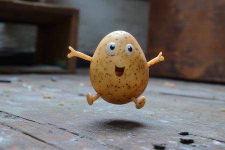 Happy potato toy jumping and dancing on wooden floorの素材