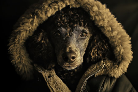 Poodle dog wearing winter jacket with dramatic rembrandt lightingの素材