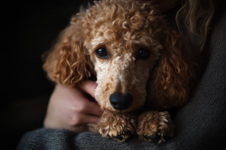 Apricot poodle resting in womans arms, canine affection and comfortの素材