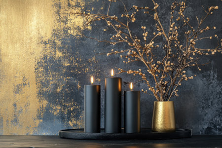 Burning black candles and dry branches creating cozy and moody atmosphereの素材
