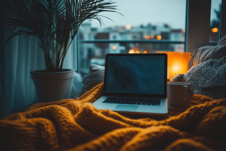 Cozy home workplace with laptop, plant and cup near window in eveningの素材