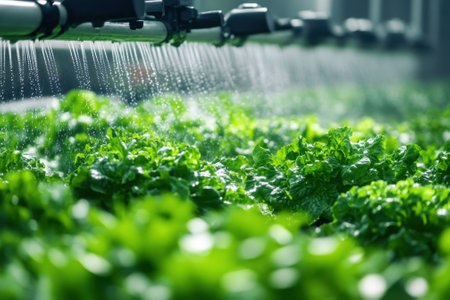 Automated watering system irrigating fresh lettuce in greenhouse, smart agricultureの素材