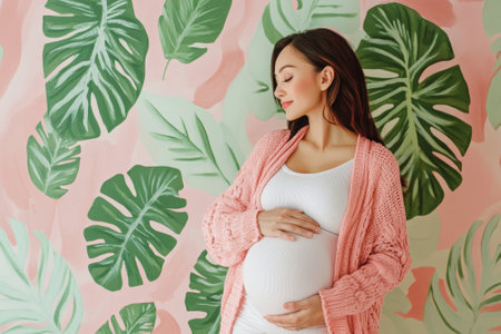 Pregnant woman holding belly, wearing pink cardigan, standing against tropical leaves wallpaperの素材