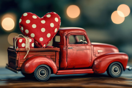 Red vintage toy truck carrying valentines day gifts and a big heartの素材