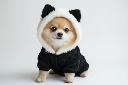 Adorable pomeranian dog wearing panda costume on white backgroundの素材