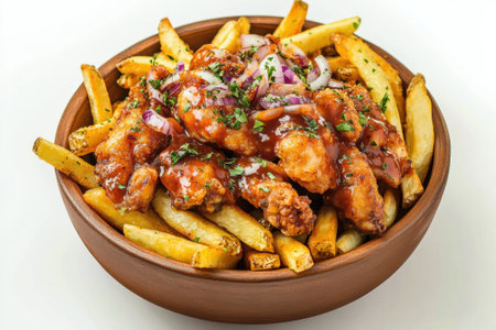 Bowl overflowing with crispy chicken and french fries drenched in barbecue sauceの素材