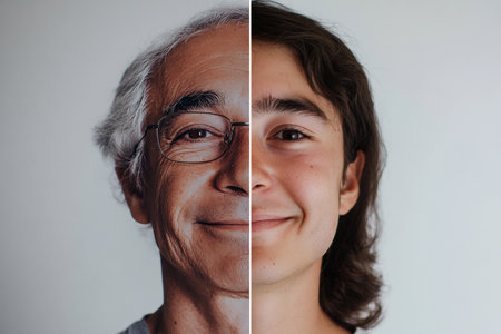 Portrait combining faces of young and old man showing aging processの素材