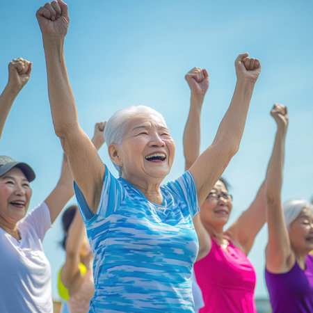 Group of asian senior women raising arms and cheering outdoorsの素材