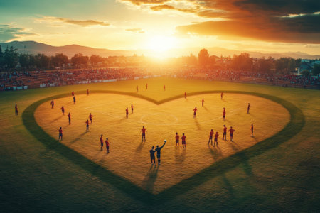 Soccer players kicking ball on heart shaped field at sunsetの素材