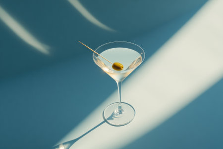 Martini cocktail glass with olive and toothpick on blue background with light beamsの素材