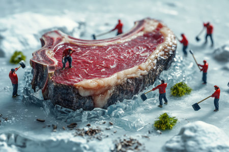 Miniature workers harvesting a giant frozen steak in a surreal landscapeの素材