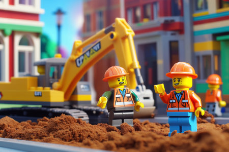 Construction workers discussing near excavator in toy cityの素材