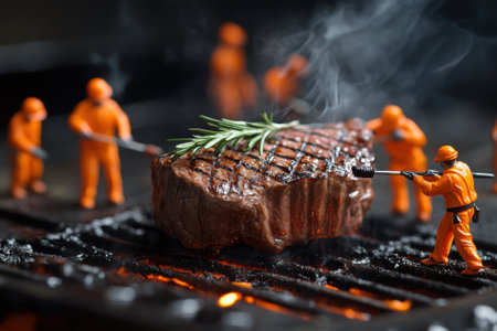 Miniature workers grilling a delicious steak on a hot grillの素材